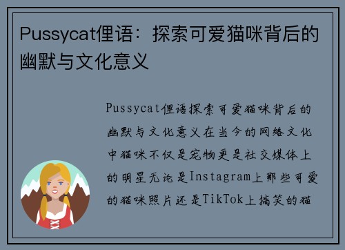 Pussycat俚语：探索可爱猫咪背后的幽默与文化意义